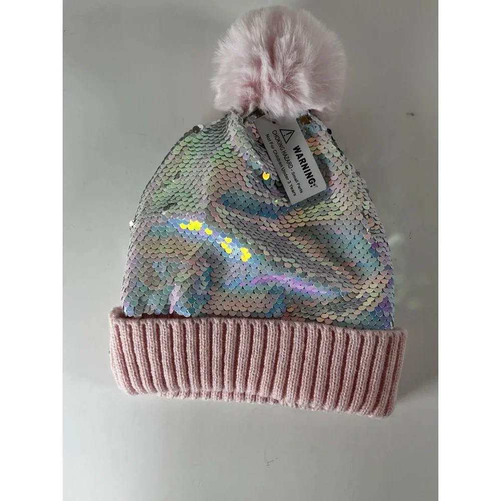 Girls Pink Sequin Pom-Pom Hat | Fleece Lined Rib Knit Beanie | Winter‎ | NEW
